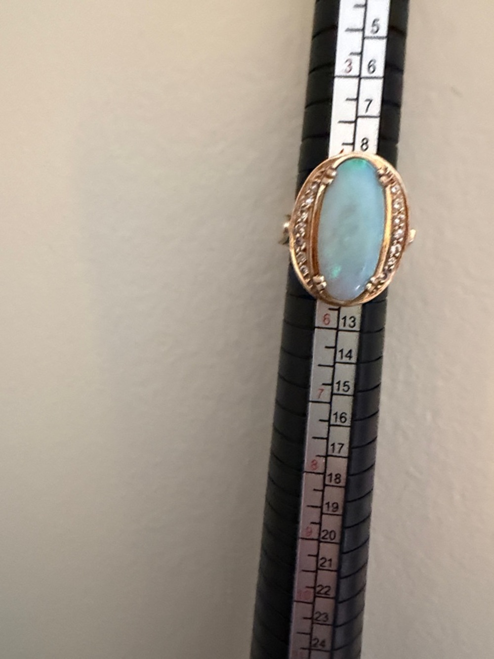Gorgeous 14K Gold Ring with Light Blue Opal Stone. 14 natural cut diamonds. - Picture 15 of 16